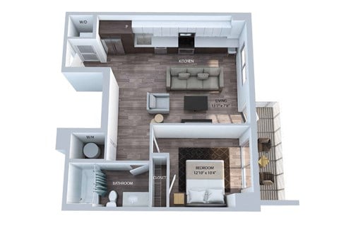 Floor plan for 1 bed, 1 bath, 634 sqft